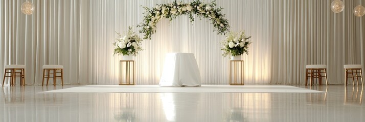 A minimalist and elegant wedding ceremony setup featuring a white floral arch, white drapes, and two chairs placed in front of a white table, symbolizing love, commitment, and a beautiful beginning.