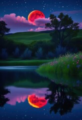 Wall Mural - enchanting crimson moon illuminating tranquil nighttime landscape soft clouds sparkling stars, illumination, light, beauty, nature, sky, reflection, scenery