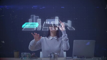 Poster - Animation of mathematical equations over caucasian woman using vr headset