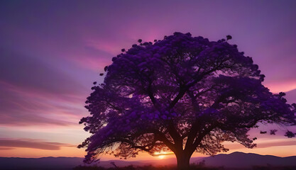 Wall Mural - fantastical tree adorned vibrant purple flowers growing purple pink sunset sky