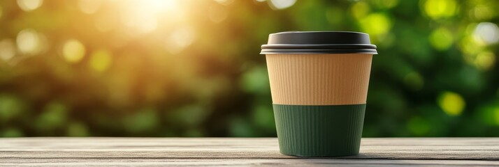 A single eco-friendly paper coffee cup with a black lid stands on a wooden table against a blurred background of green foliage. The cup is a symbol of sustainability, a responsible choice for enjoying