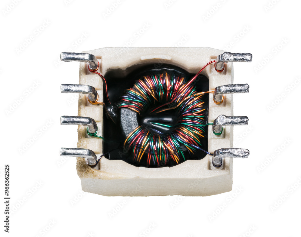 Transfome Electrnoic Component Toroidal transformer with colored wire on ferrite core isolated on ...