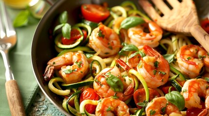 A fresh and vibrant dish featuring shrimp and zucchini noodles. This healthy meal is perfect for a summer dinner. The bright colors enhance appetites. Simple and delicious. AI