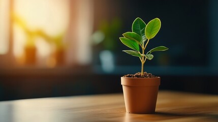 Wall Mural - A small money plant growing in a terracotta pot, symbolizing wealth, prosperity, growth, new beginnings, and good luck.