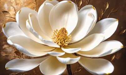 A white magnolia flower blooms against a gold background