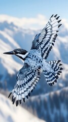 Wall Mural - Pied Kingfisher Bird Flying Under Blue Sky, Photo Realistic, Wallpaper, Cover and Screen for Smartphone, PC, Laptop, 9:16 and 16:9 Format