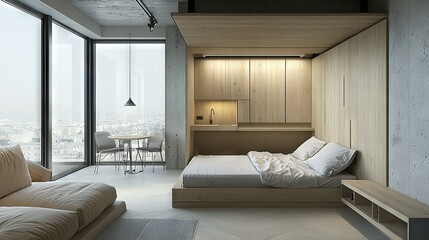 Wall Mural -   Bedroom with hardwood floor, window, couch, and table