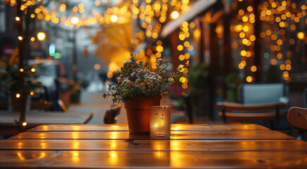 Poster - Background, brown autumn cafe with yellow small lights at the back. Generative AI.