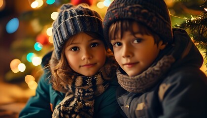 Cozy moment between a girl and boy admiring twinkling Christmas lights together