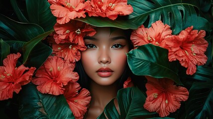   A close-up of a person with flowers on their head and behind them is a picture of a woman's face