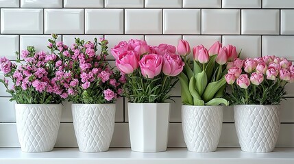 Sticker -   Row of vases with pink, purple flowers atop white countertop beside tiled wall