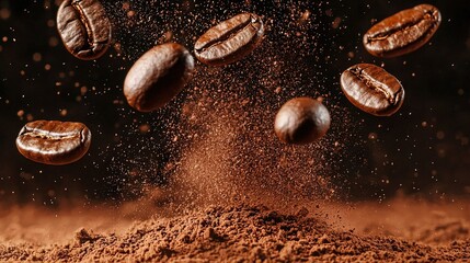 Poster -   Coffee beans cascading onto piles of coffee beans