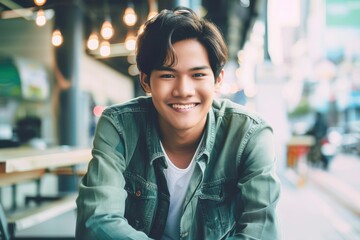 Wall Mural - Young Asian man of happy smiling and sitting in office building. Young Asian man of happy smiling and sitting in office building.