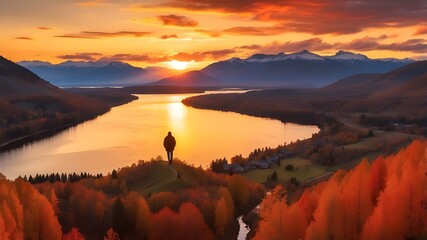 An aerial perspective of the silhouette of a strolling guy at dusk in fall, with the sun setting orange over a river, mountains, greenery, and red trees. vibrant scenery featuring a lake, woodland, an