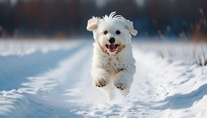 Joyful fluffy dog racing through winter snow