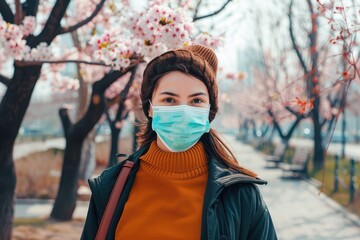 Portrait of young woman on the street wearing face protective mask to prevent Coronavirus and anti-smog Portrait of middle age woman in empty city park. She is wearing protective mask to protect herse