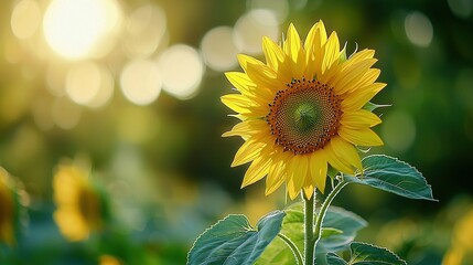 Wall Mural -   A sunflower among sunflower fields, bathed in sunlight through its leaves