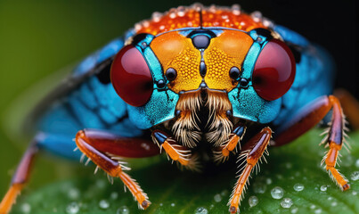 A close-up of a colorful beetle with large red eyes perched on a green leaf