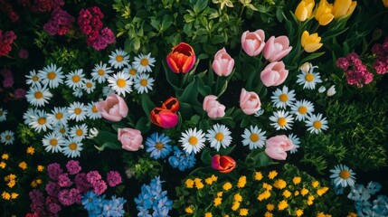 Poster - A top-down shot of a springtime flower garden with various blooms including tulips and daisies, creating a colorful and lively pattern.