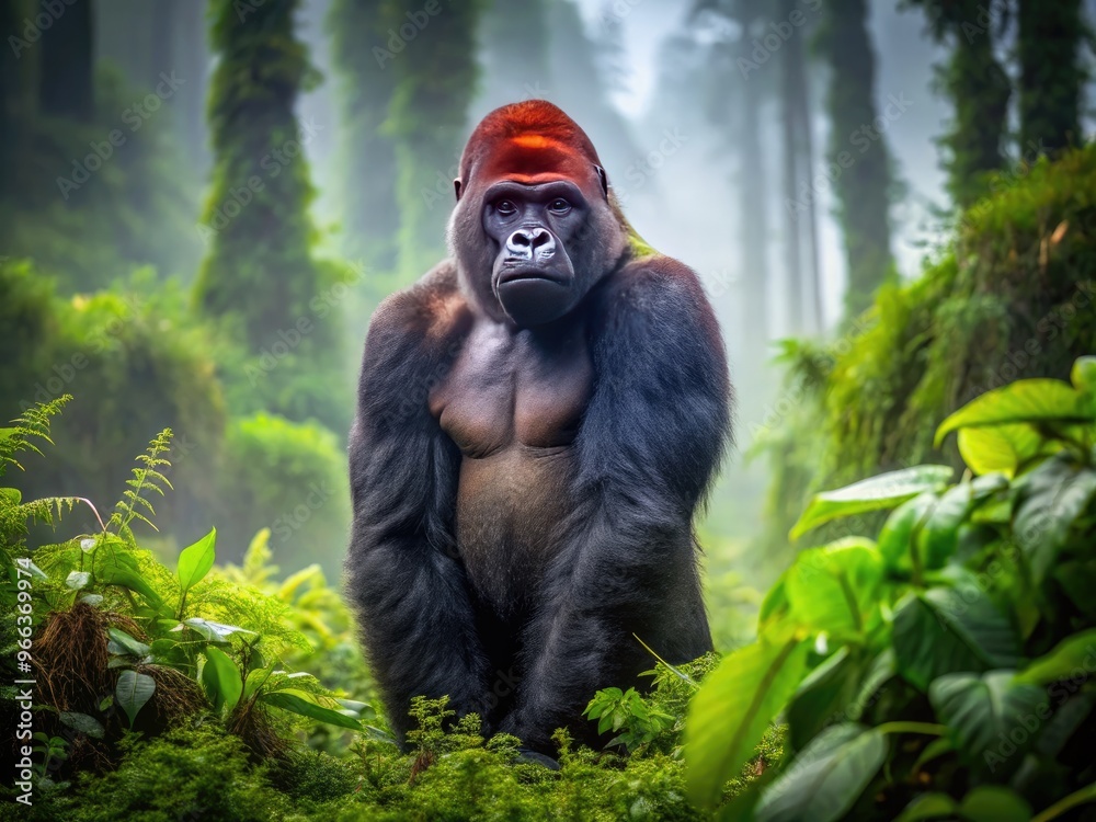 A majestic western lowland gorilla stands upright on a misty forest ...