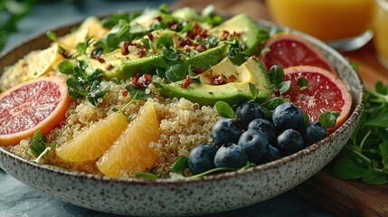 Sticker -   A macro shot capturing the colors of an orange, blueberry, strawberry, and avocado in a bowl