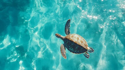 Poster - A top-down view of a sea turtle gliding through clear blue waters, with sunlight filtering through, capturing the serene beauty of marine life.