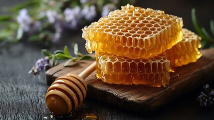 Wall Mural - A close-up of honeycombs on a wooden board with a honey dipper and lavender flowers in the background.