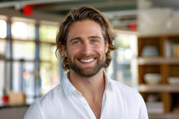 Poster - Male Entrepreneur Portrait A portrait of a caucasian entrepreneur standing proudly and smiling at the camera, he is wearing a shirt with the top button undone.