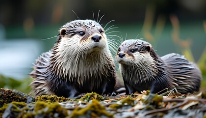 Mother otter and cub playfully exploring the shoreline in a serene natural setting