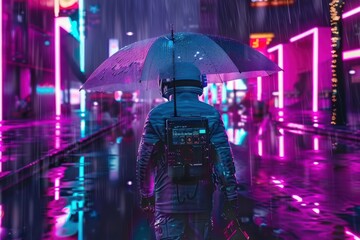 Astronaut walks in the rain through a futuristic city at night. Shiny umbrella. Spacesuit. Cyberpunk. Blue Neon light Astronaut walks in the rain through a futuristic city at night. Shiny umbrella. Sp