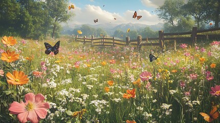 Wall Mural - A vibrant meadow filled with wildflowers and butterflies, with a rustic wooden fence in the background