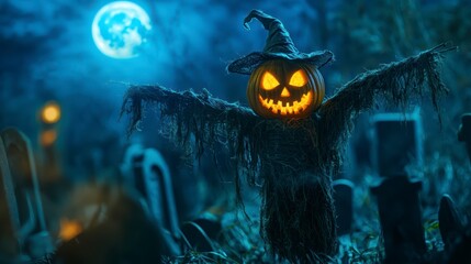 Wall Mural - A creepy scarecrow with a glowing pumpkin head standing in the moonlight in a creepy cemetery