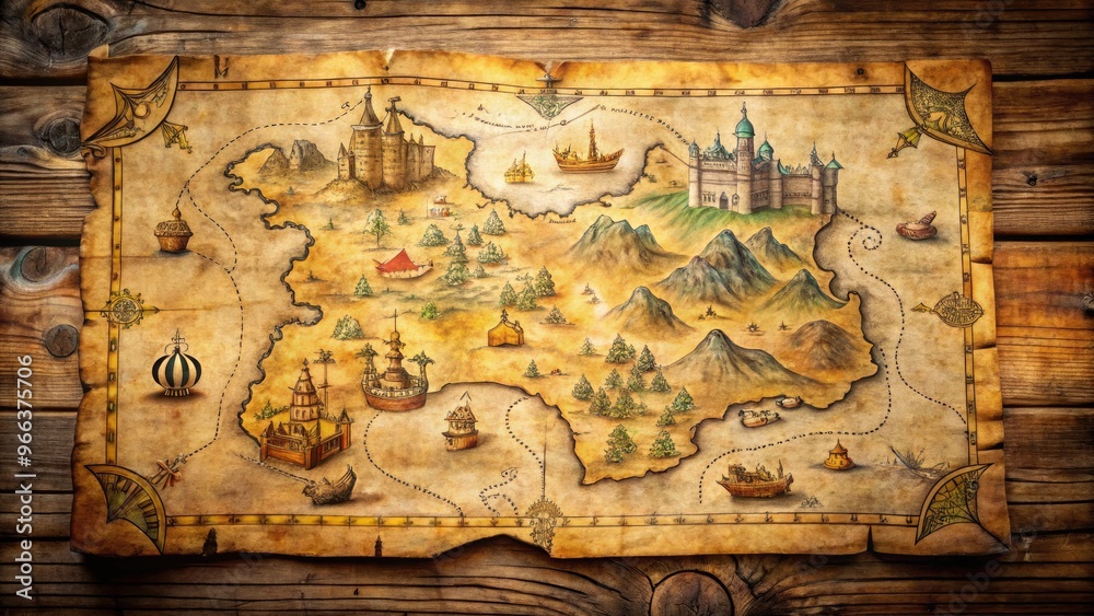 Ancient yellowed parchment map spread on wooden table, adorned with ...