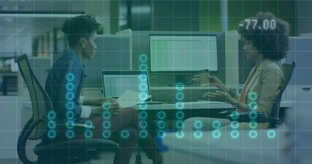 Poster - Animation of diagrams over diverse female colleagues talking in office