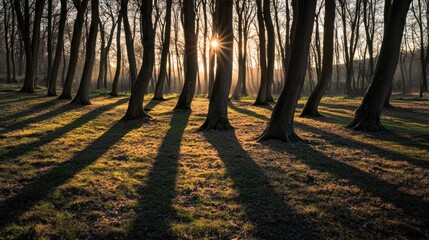 Poster - A serene forest scene at sunset, with long shadows cast by tall trees.