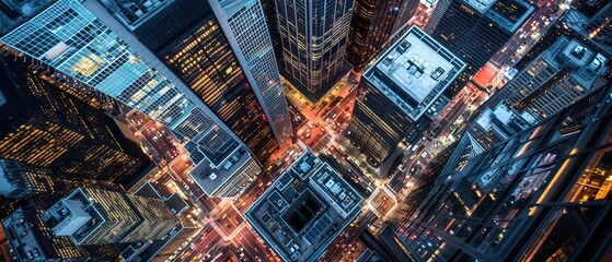 Aerial view of office buildings and traffic in downtown at night