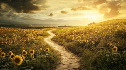 Aufkleber - A winding path through a sunflower field with a distant horizon, inviting the viewer to explore, symbolizing adventure and discovery in nature.