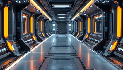 Wall Mural - Futuristic corridor of a high-tech spaceship filled with glowing panels and sleek metallic surfaces