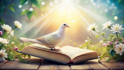 Wall Mural - A serene illustration of a dove perched on an open Bible, surrounded by delicate vines and flowers, symbolizing hope, love, and spiritual guidance in soft pastel hues.