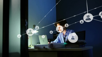 Poster - Animation of network of connections with icons over caucasian businessman using laptop in office