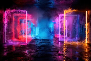 Wall Mural - Abstract neon glowing portal with smoke effect in a dark space.