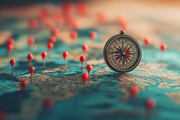 Wall Mural - a vintage compass surrounded by red pins on an overlaid map, blending with a softly blurred blue wor