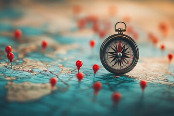 Wall Mural - a vintage compass surrounded by red pins on an overlaid map, blending with a softly blurred blue wor