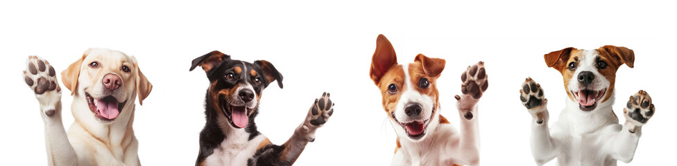 dogs giving high five, set of dog rising hands, isolated on transparent background png