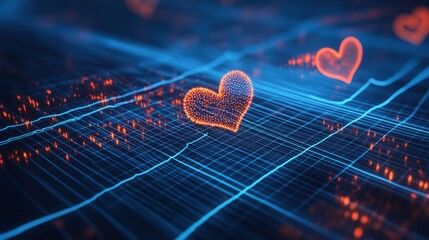 Aufkleber - An abstract background with glowing heart waveforms running across a dark blue grid, representing heart health, technology, and life sciences.