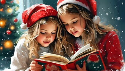 Sticker - Enchanting Christmas Scene with Girls Reading Together by the Fire