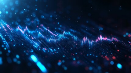 Poster - An abstract image of glowing blue financial graphs and stock market data on a dark background, representing the fast-paced world of finance