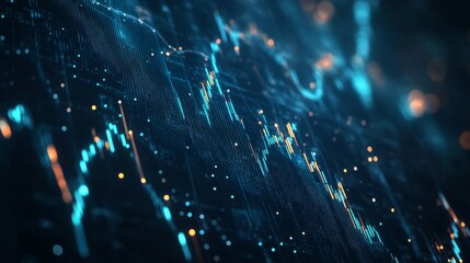 Poster - An abstract image of glowing blue financial graphs and stock market data on a dark background, representing the fast-paced world of finance