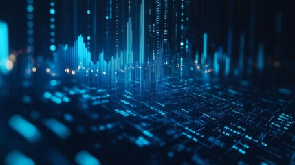 Poster - An abstract image of glowing blue financial graphs and stock market data on a dark background, representing the fast-paced world of finance