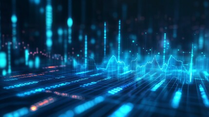 Poster - An abstract image of glowing blue financial graphs and stock market data on a dark background, representing the fast-paced world of finance